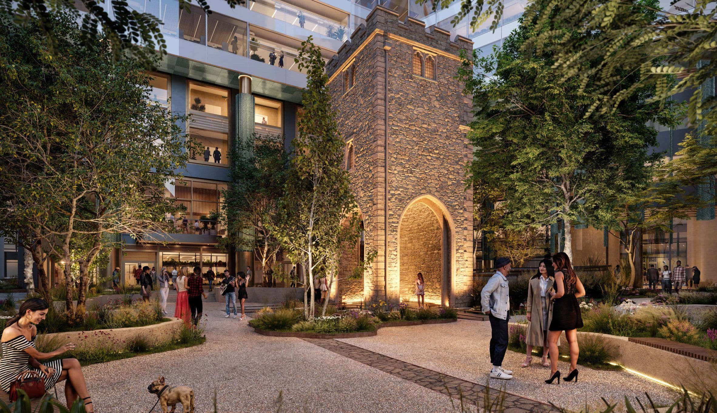 The church tower will serve as the focal point of a new public outdoor plaza.