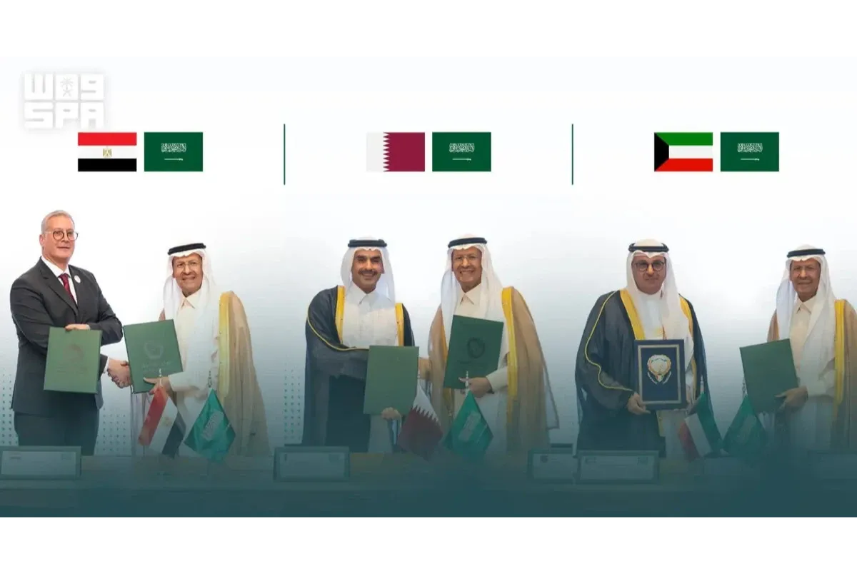 Saudi Energy Minister Prince Abdulaziz bin Salman with counterparts from Egypt, Qatar and Kuwait during the signing of energy cooperation agreements in Riyadh.