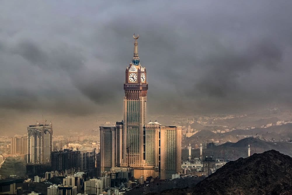 Skyline with Abraj Al Bait (Royal Clock Tower Makkah) in Mecca, Saudi Arabia. 