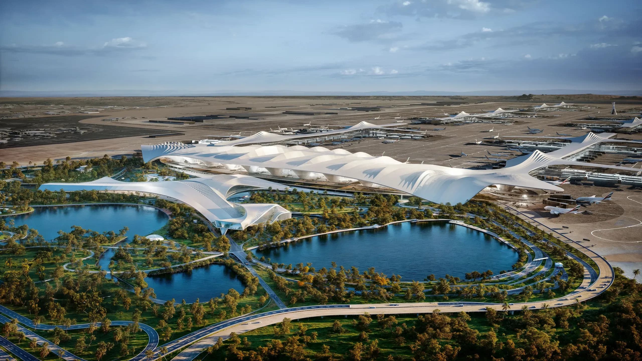 Rendering of the planned expansion of Al Maktoum International Airport, which is being developed as part of Dubai's long-term aviation infrastructure programme.
