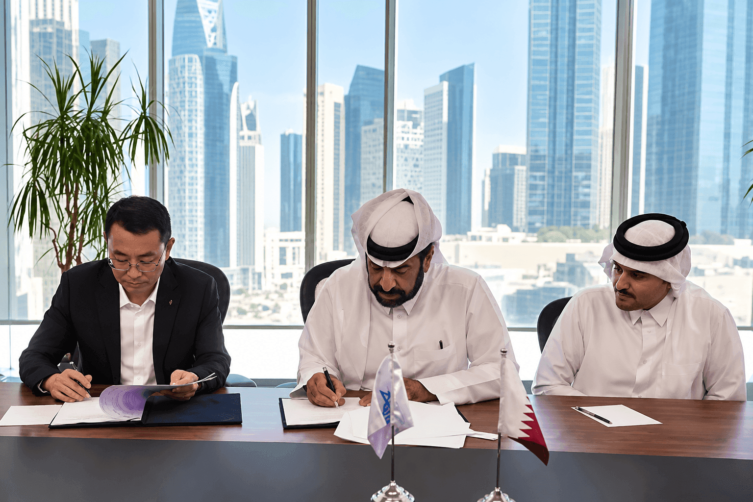 Representatives of Advanced Pipes and Casts Company and China Railway Tunnel Group during the signing of their collaboration agreement in Qatar.