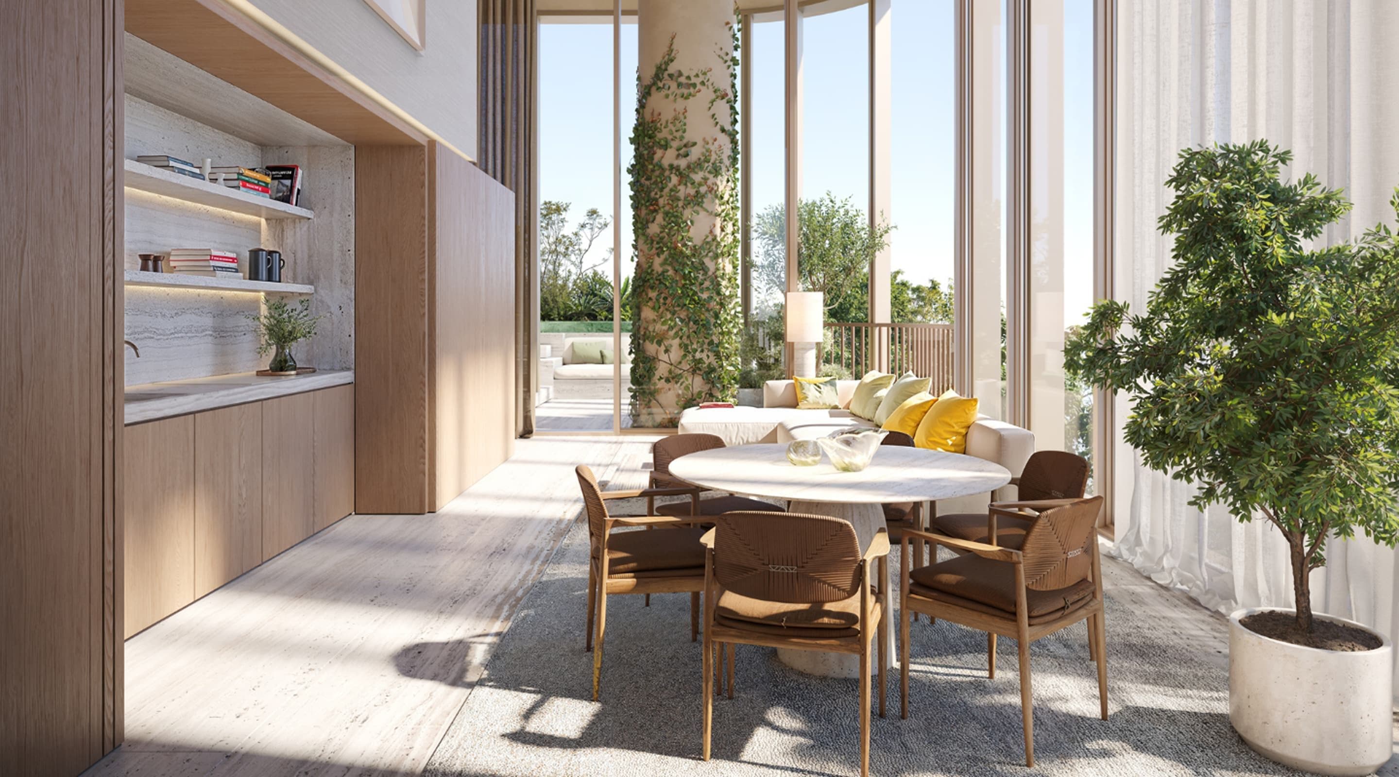 Interior view of AYA by Palace Group, showcasing refined materials, natural light, and design-led living spaces created for modern, mindful urban lifestyles in Dubai.