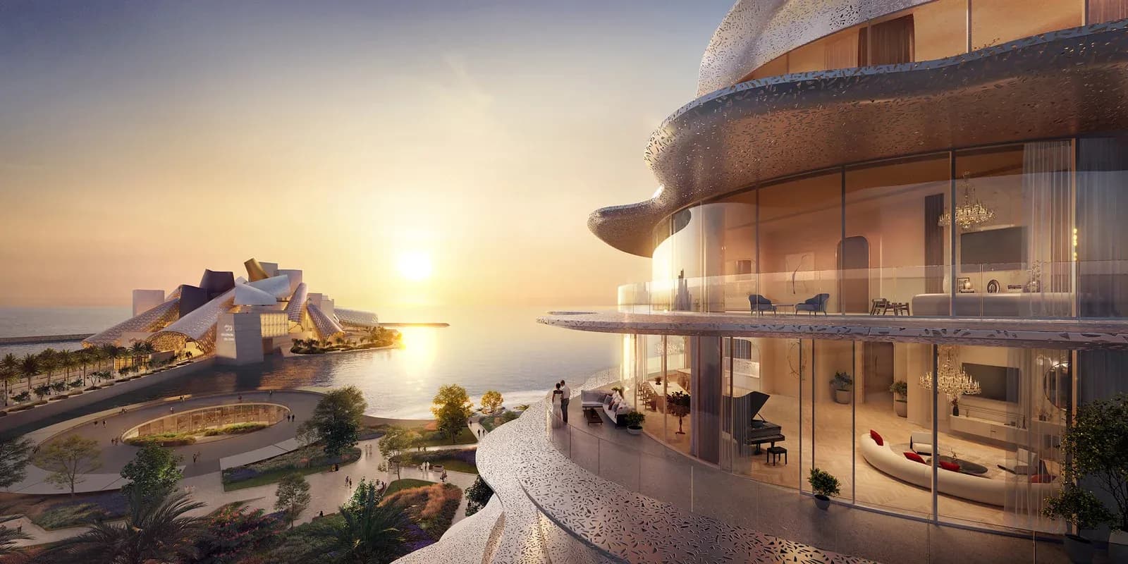 Baccarat Residences Saadiyat designed by Sou Fujimoto Architects, overlooking Louvre Abu Dhabi, Guggenheim Abu Dhabi and the Arabian Sea in Saadiyat Cultural District.