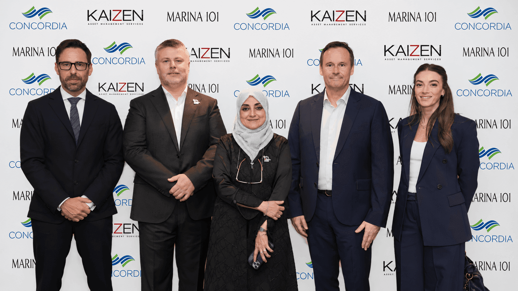 Representatives of KAIZEN, Concordia and Marina 101 during the facilities management partnership announcement for the Dubai Marina tower.