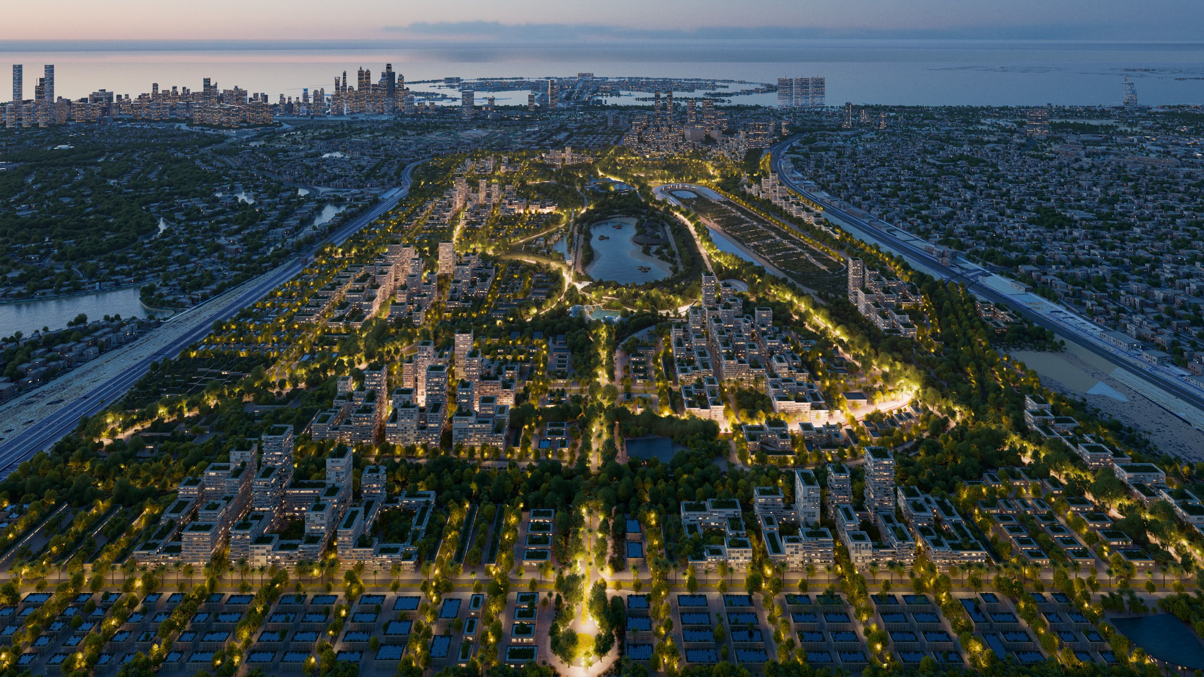 Night aerial render of the masterplan around JARC - Dubai, United Arab Emirates