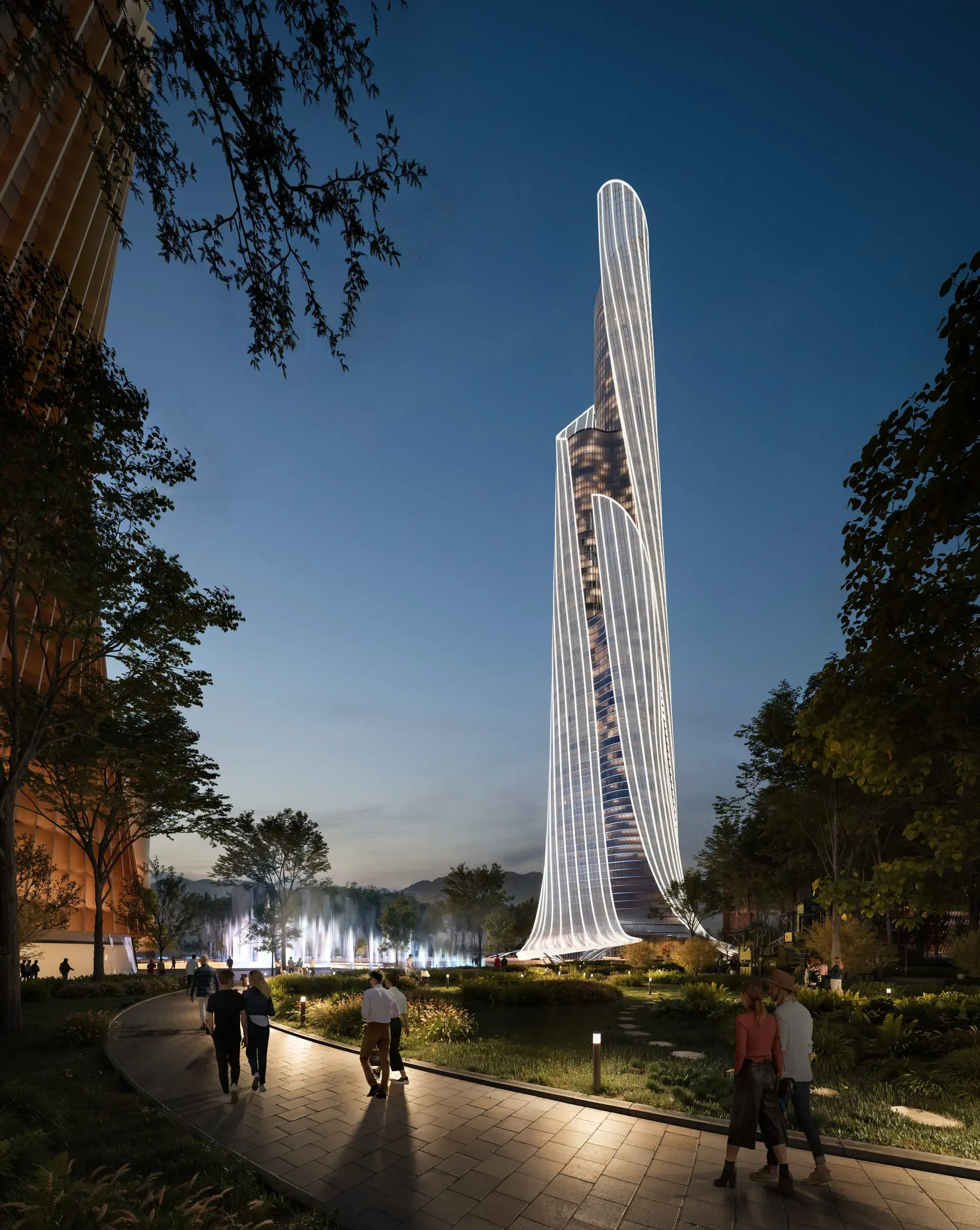 A twisting supertall form redefines Dushanbe’s skyline and urban identity. © RMJM Milano