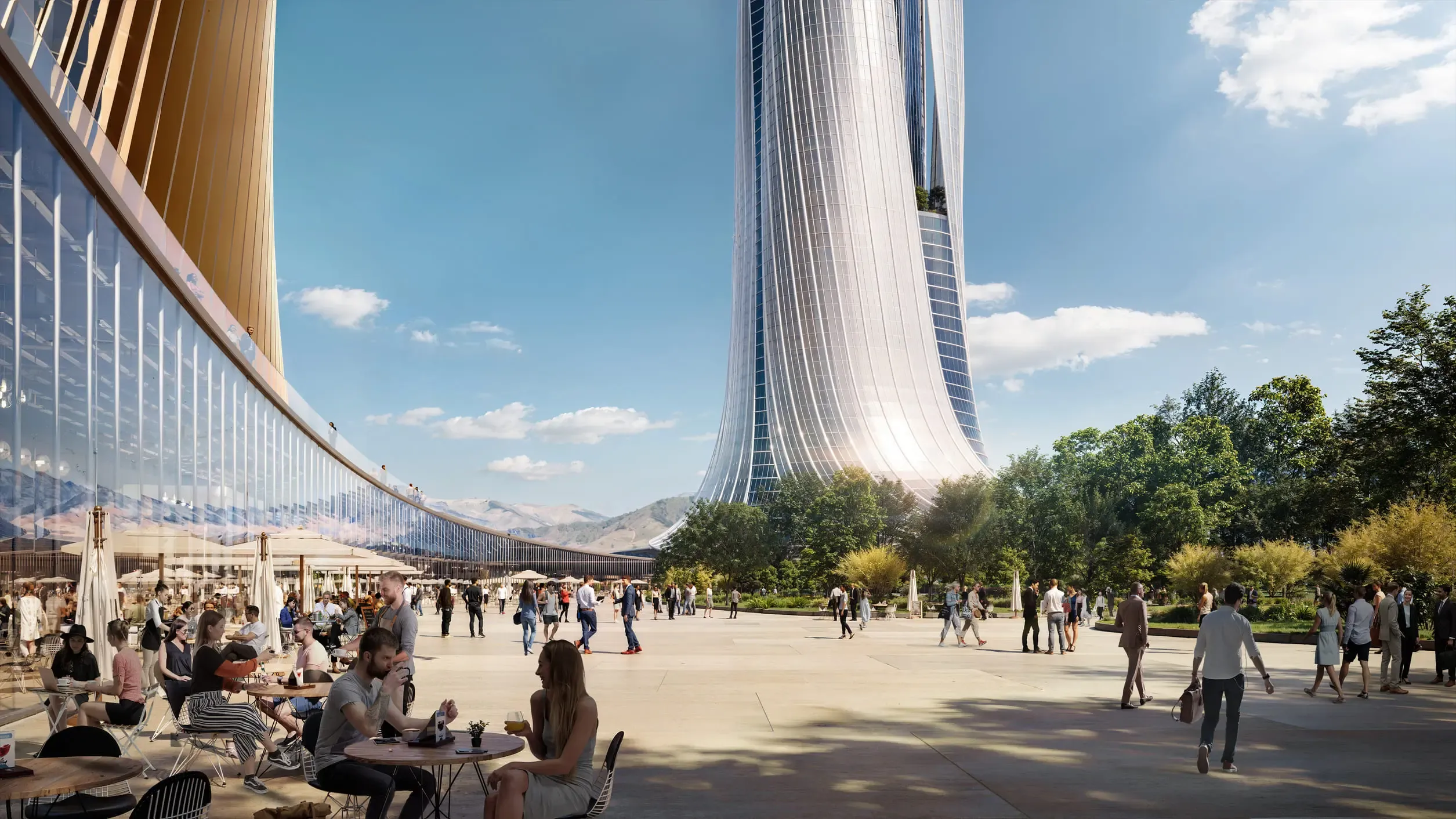 Landscape and architecture merge seamlessly in the tower’s park-centred masterplan. © RMJM Milano