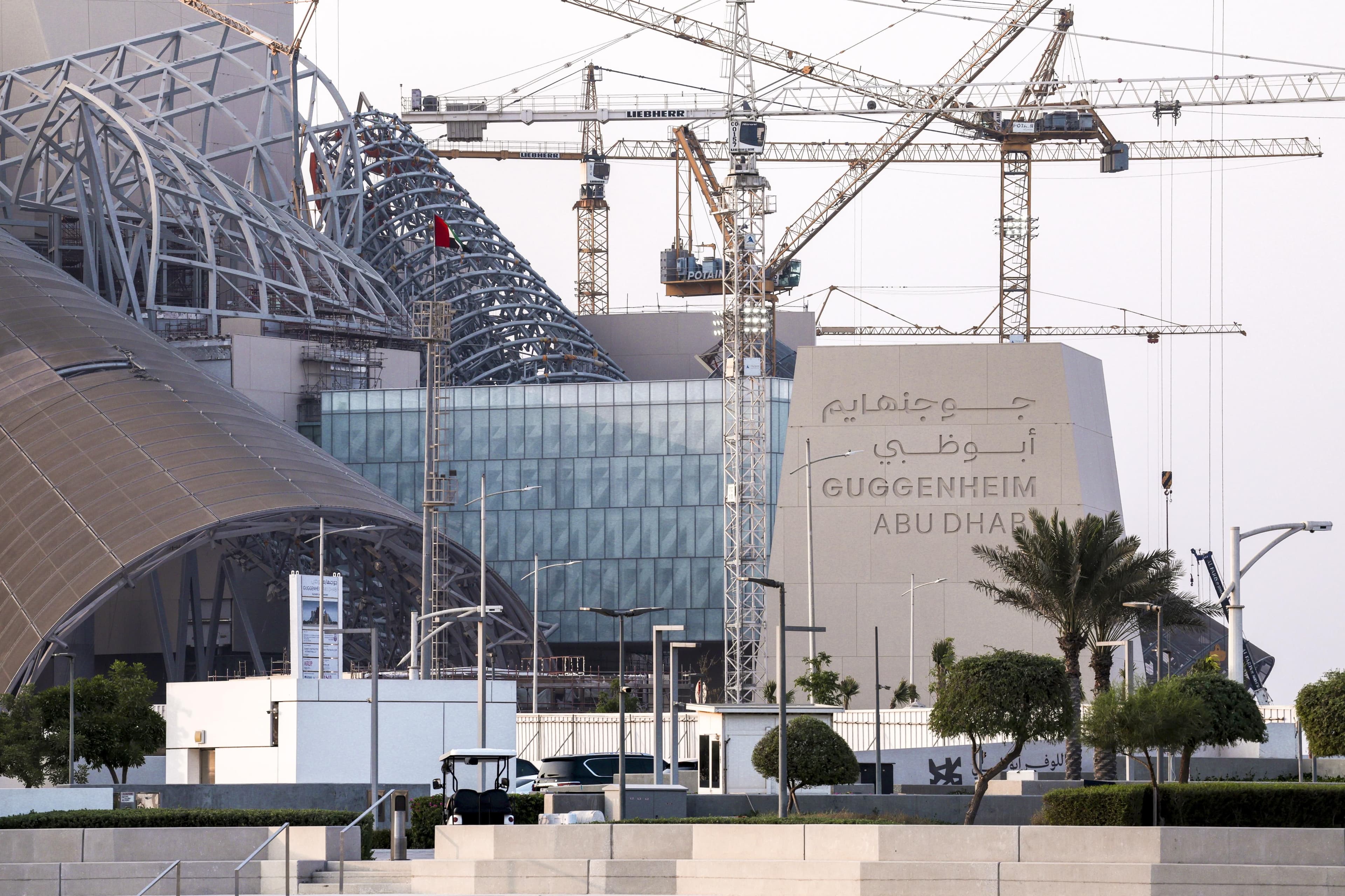 Guggenheim Abu Dhabi taking shape during construction on Saadiyat Island.