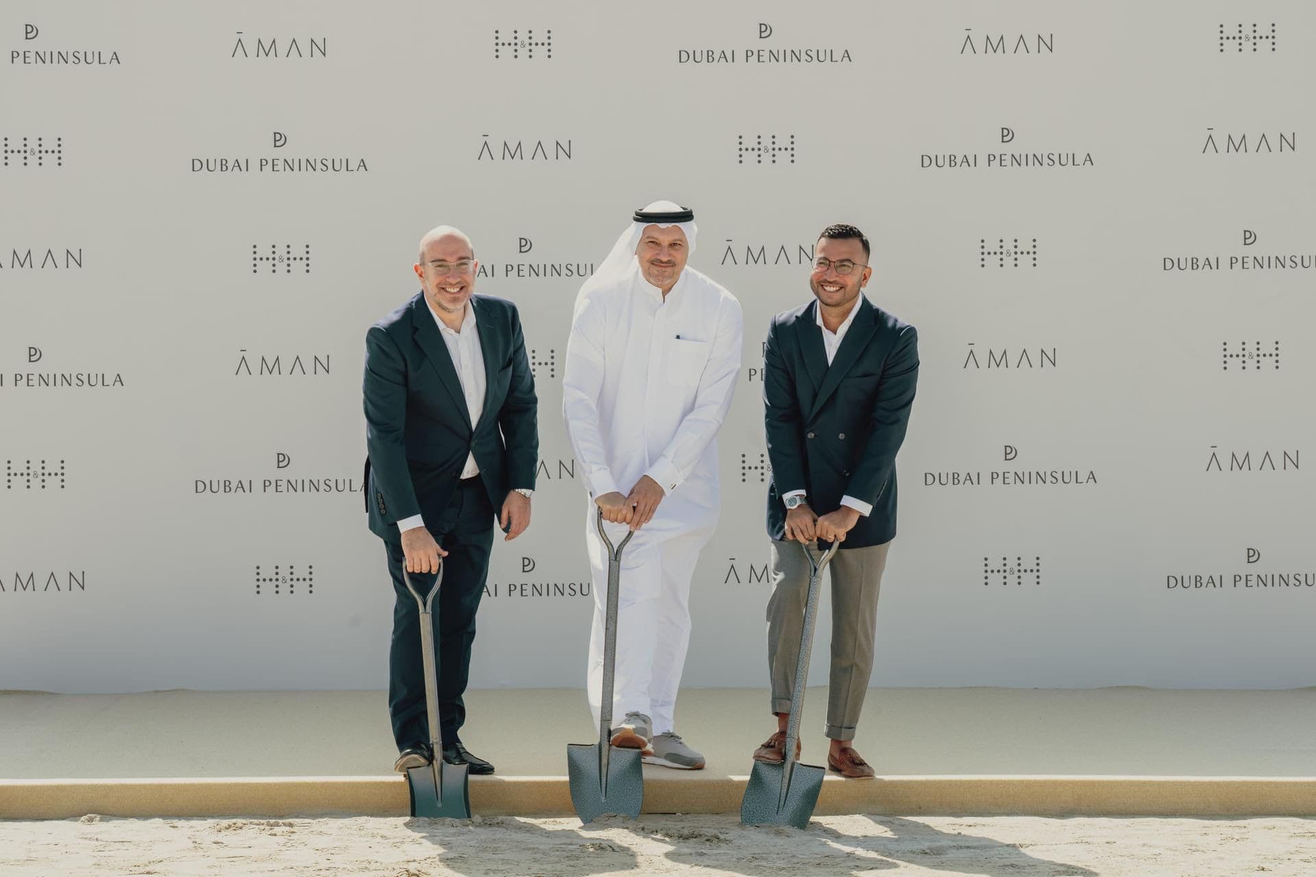 Aman Dubai Groundbreaking. From left to right: Miltos Bossinis, CEO of H&H, Shahab Lufti, Chairman of H&H, Vlad Doronin, Chairman; and CEO of Aman Group. Image: Supplied