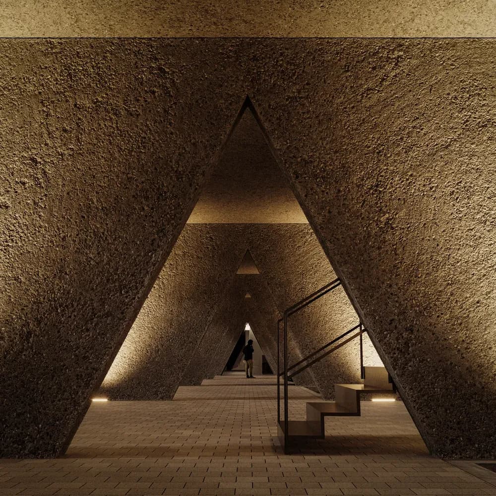 A geometric screen envelopes the building, regulating daylight while reducing heat gain in the desert climate.