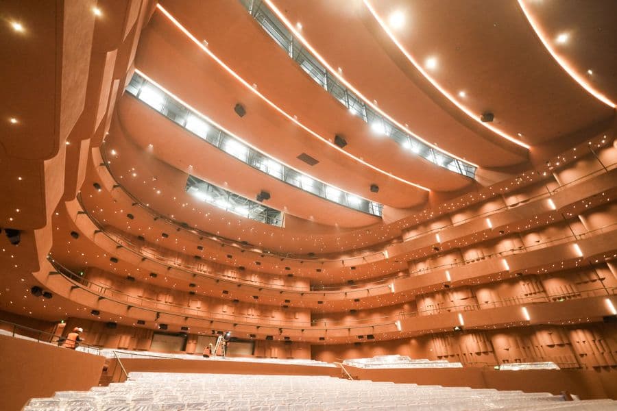The 2,000-seat Harmony Hall forms the main auditorium inside Shanghai Grand Opera House.