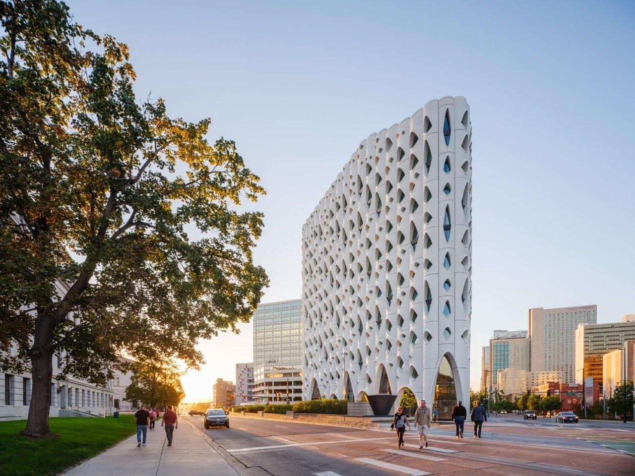 Populus, the 13-storey hotel in Denver designed by Studio Gang, features a sculptural façade inspired by Colorado's native aspen trees.