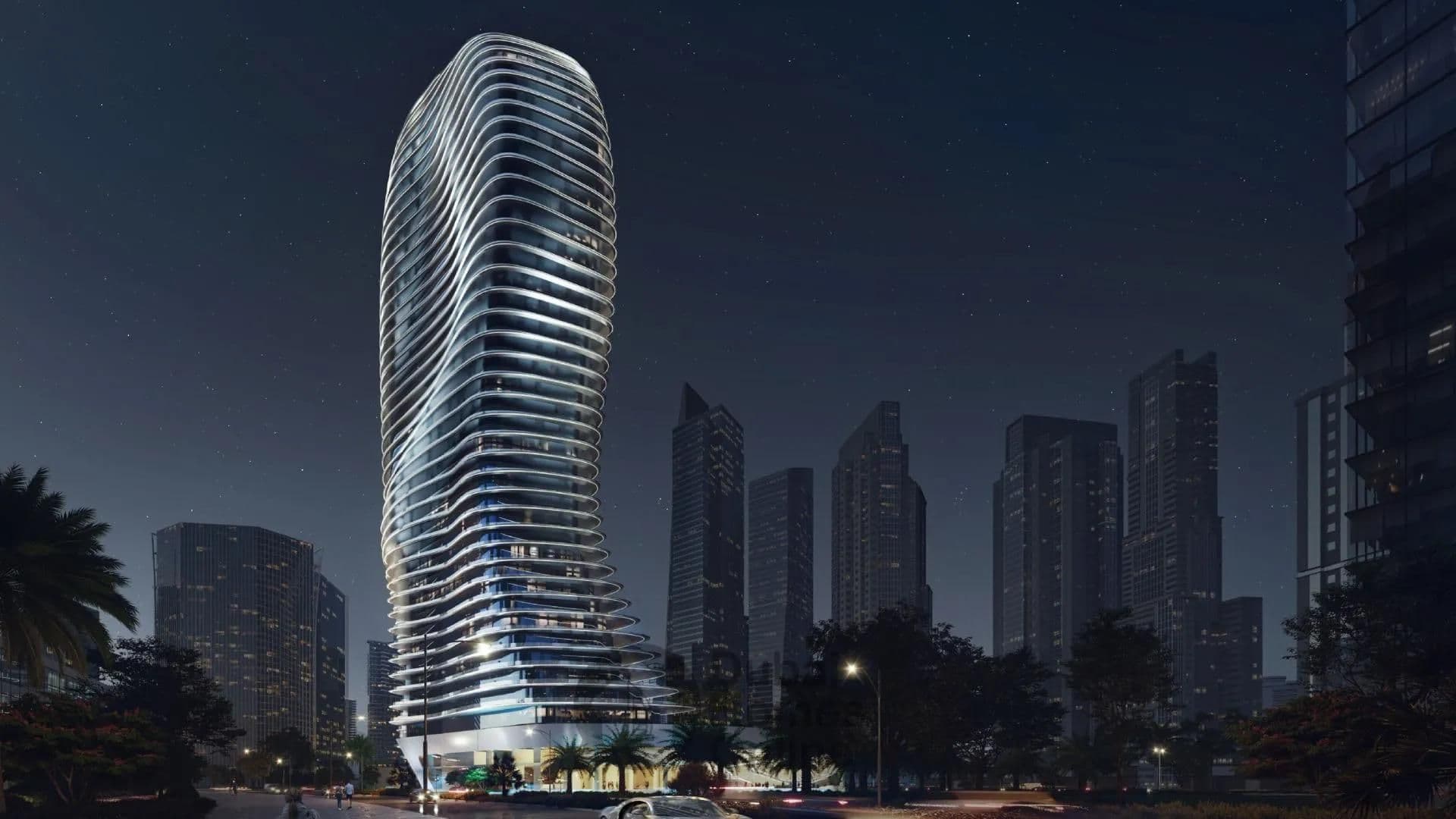 Architectural rendering of Bugatti Residences by Binghatti, a luxury residential development in Dubai's Business Bay.