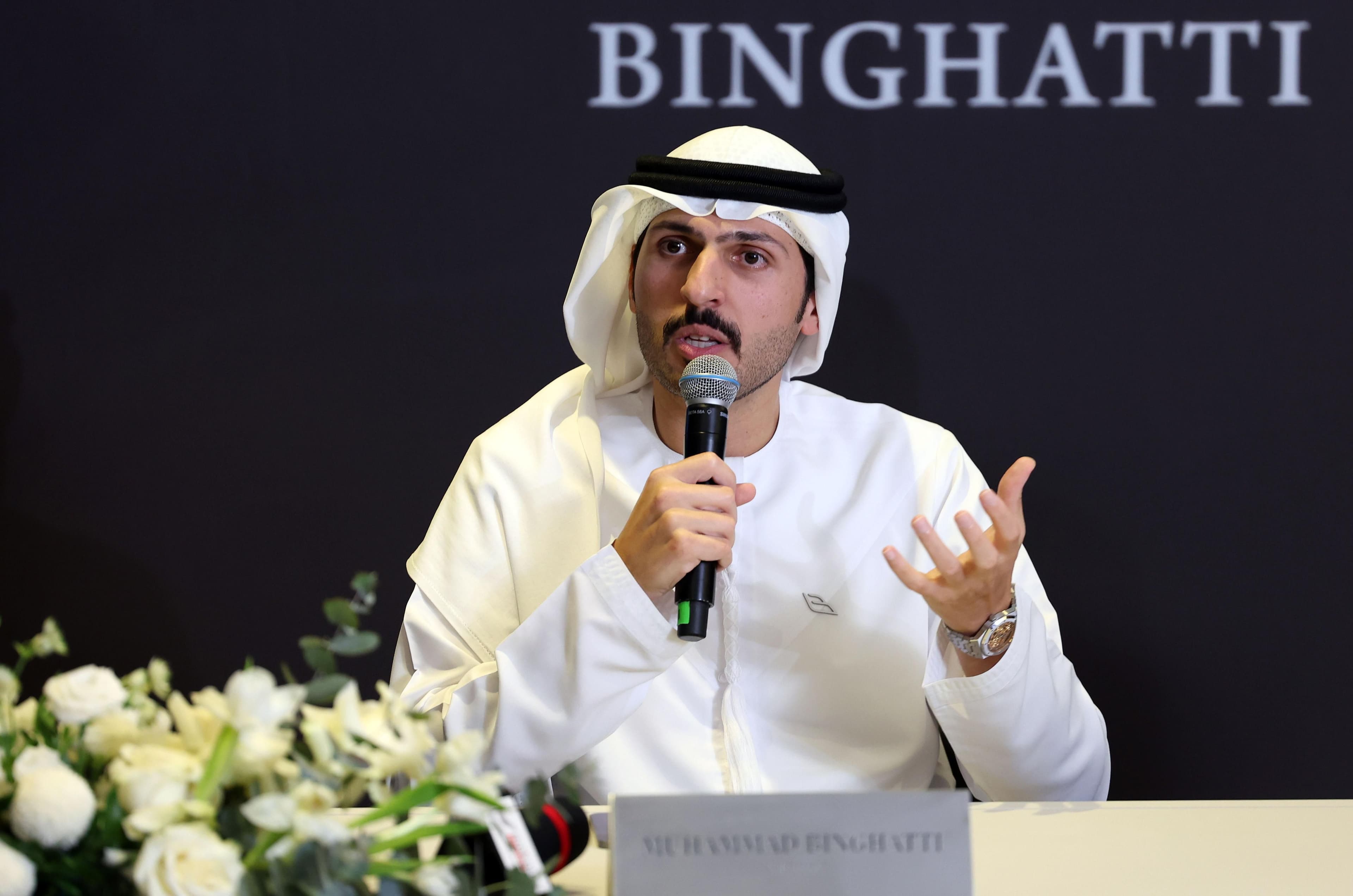 Muhammad BinGhatti discusses Binghatti's real estate developments during a media event in Dubai.
