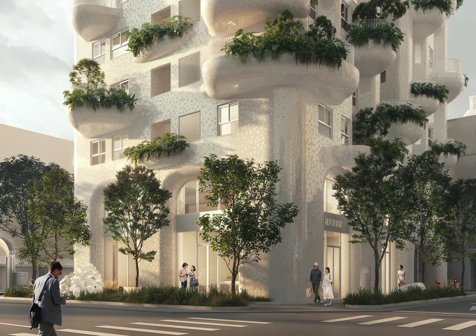 Communal terraces and planted balconies create a nature-filled residential experience in Taichung.