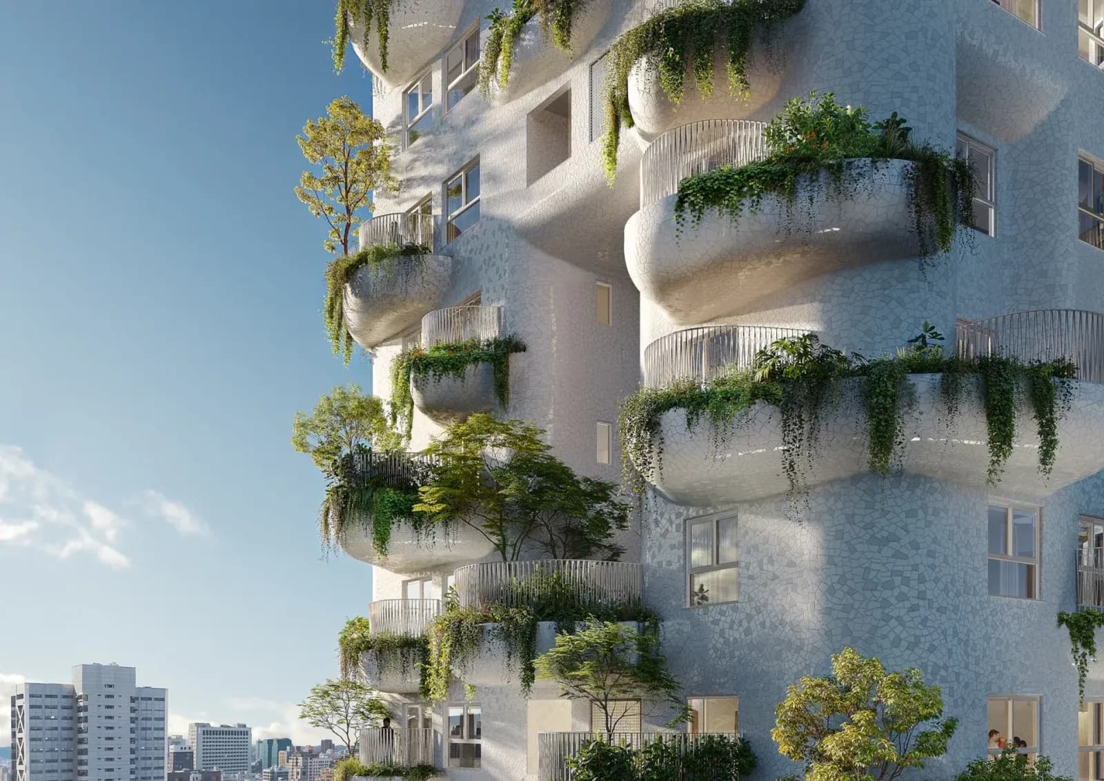 Communal terraces and planted balconies create a nature-filled residential experience in Taichung.