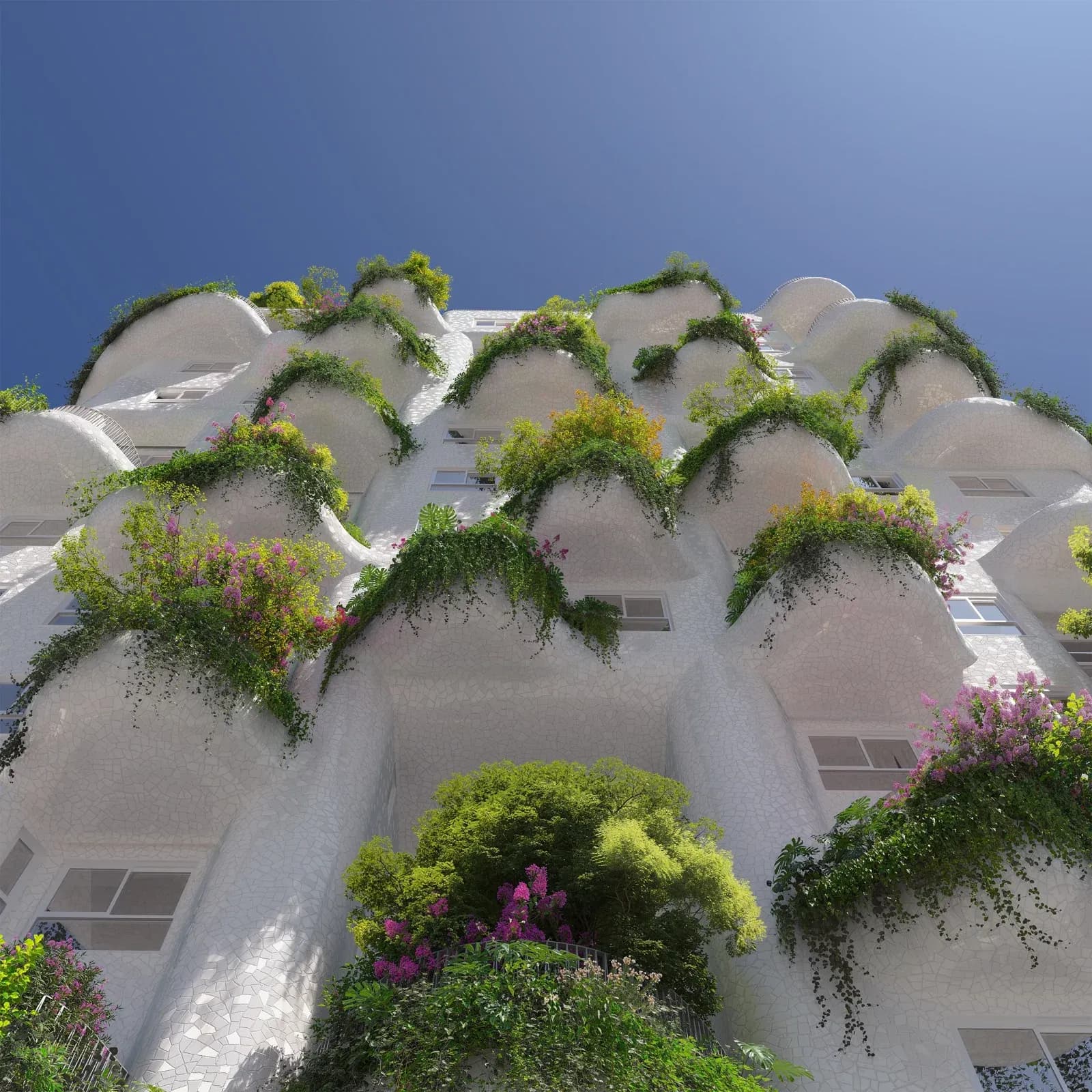 Organic curves and mosaic-tiled balconies define the Gaudí-inspired façade of The Island.