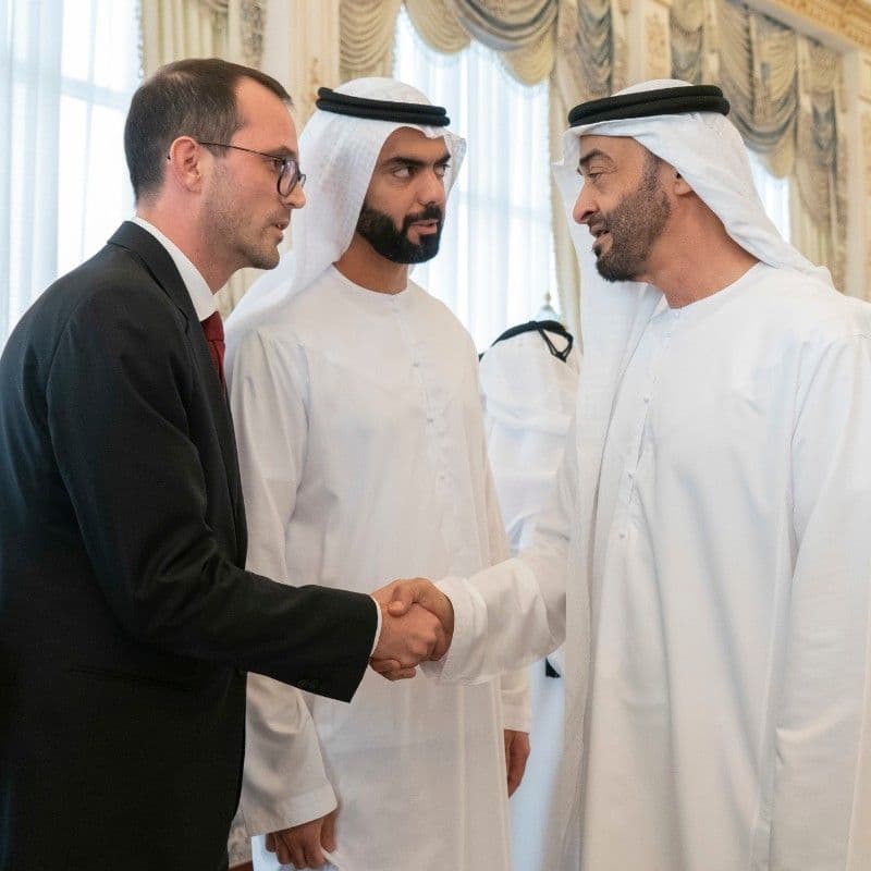 Manuel Rabaté, Director of Louvre Abu Dhabi, greets UAE President His Highness Sheikh Mohamed bin Zayed Al Nahyan