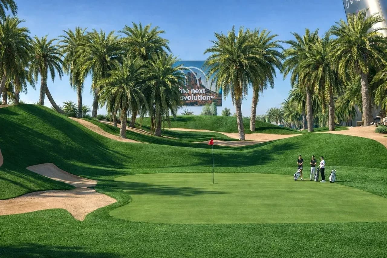 Artificial turf, real sand bunkers, and water hazards will recreate outdoor golf conditions inside a controlled architectural structure.