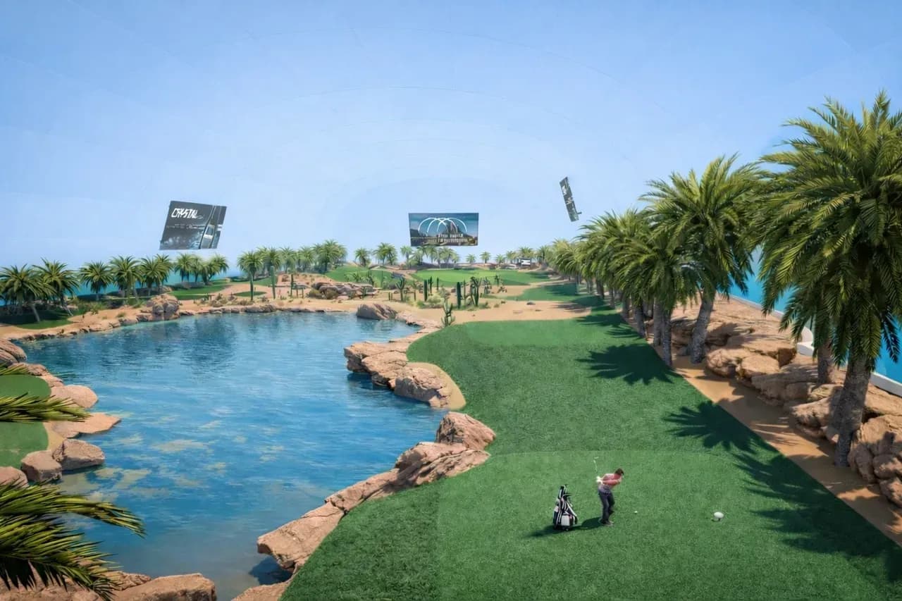 Artificial turf, real sand bunkers, and water hazards will recreate outdoor golf conditions inside a controlled architectural structure.