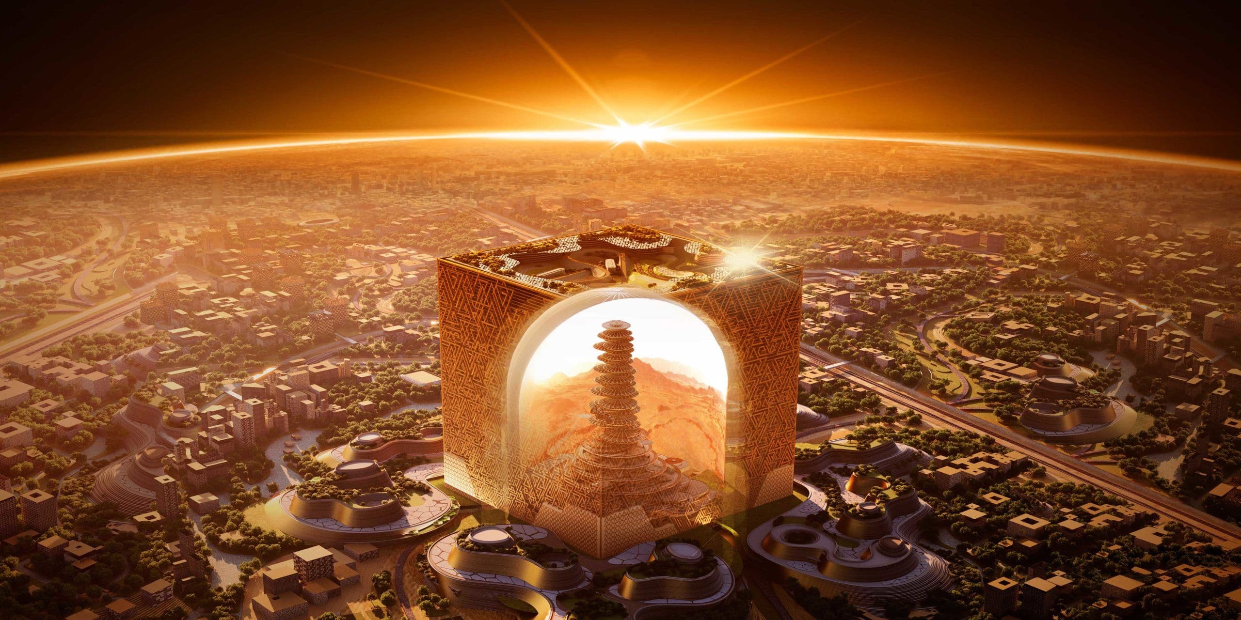 Concept rendering of The Mukaab, a cube-shaped supertall skyscraper.