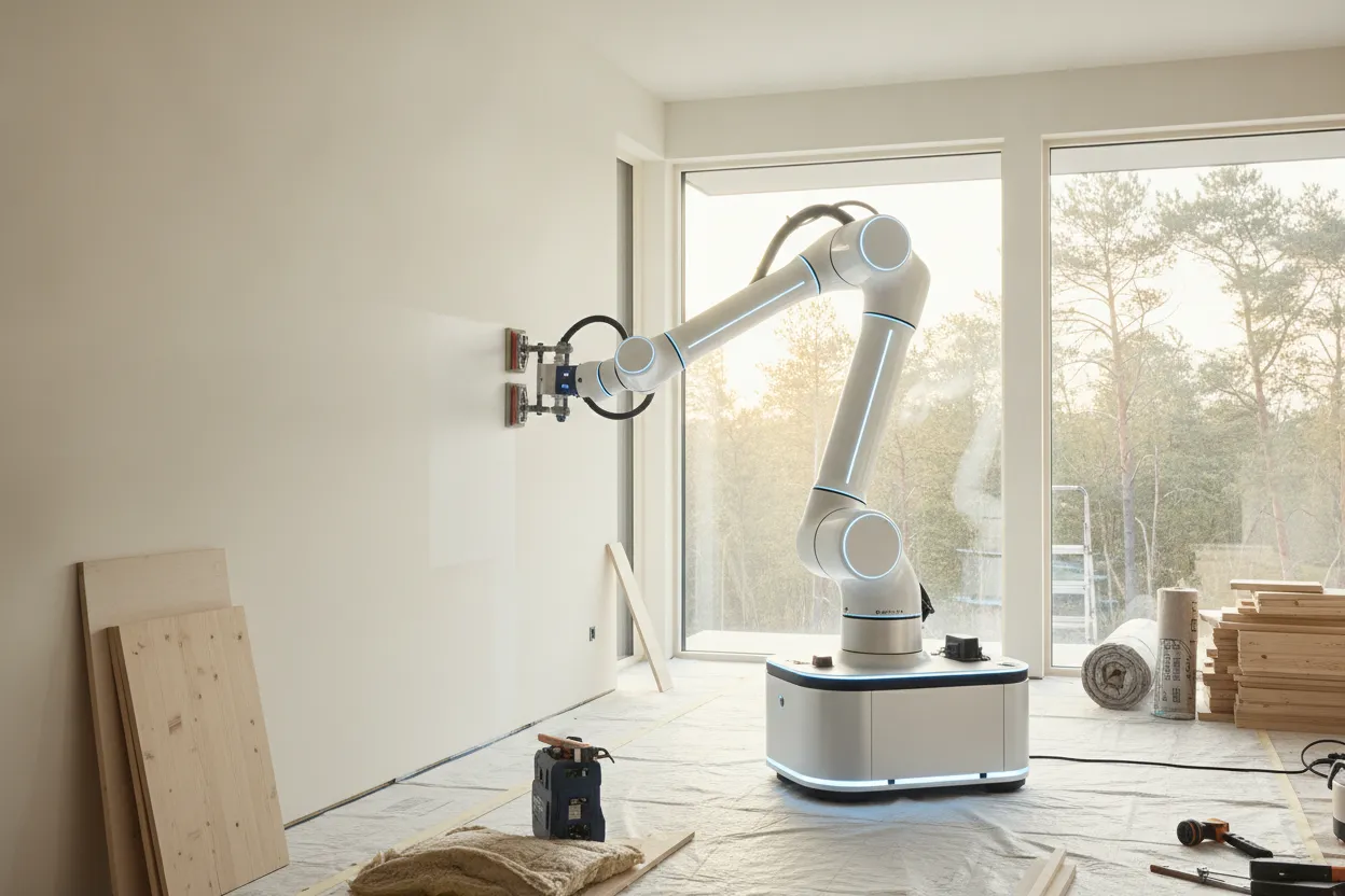 Origin’s construction robotics platform carrying out wall-finishing work on an interior construction site.