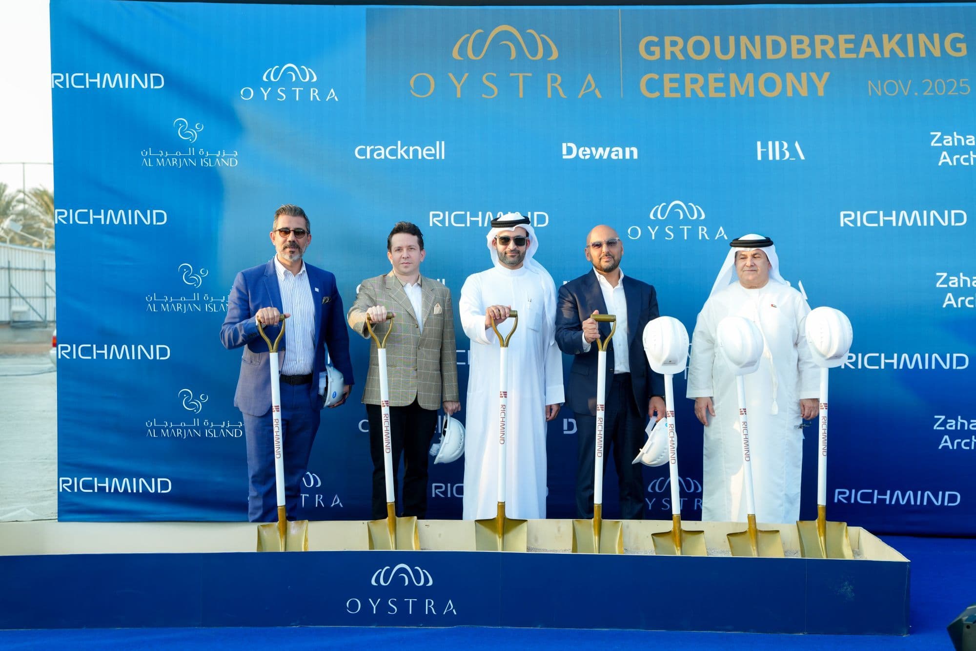 Officials and project partners mark the groundbreaking ceremony for Oystra, Richmind’s Zaha Hadid–designed seafront development on Al Marjan Island, Ras Al Khaimah.
