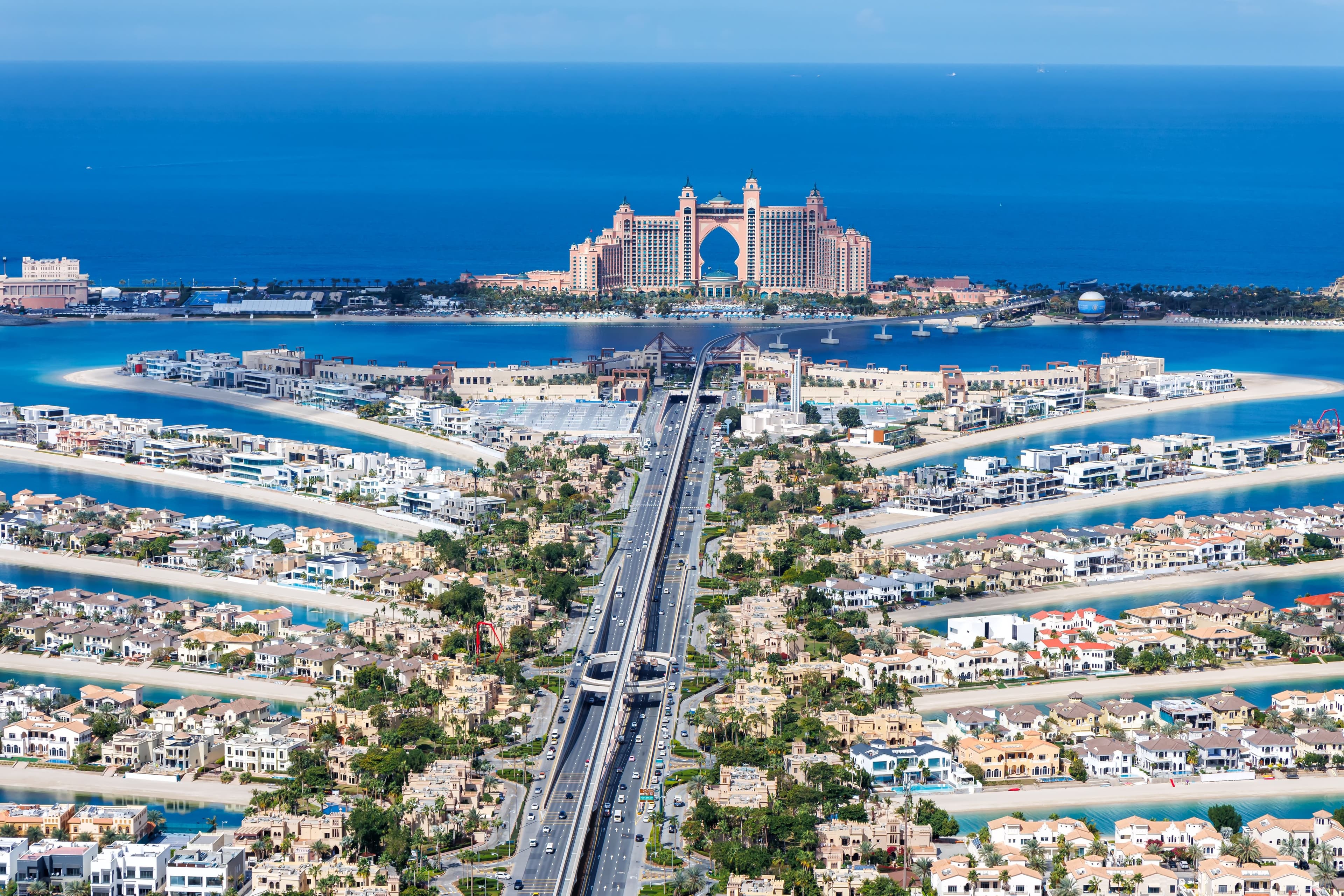 Dubai The Palm Jumeirah with Atlantis Hotel artificial island from above luxury.