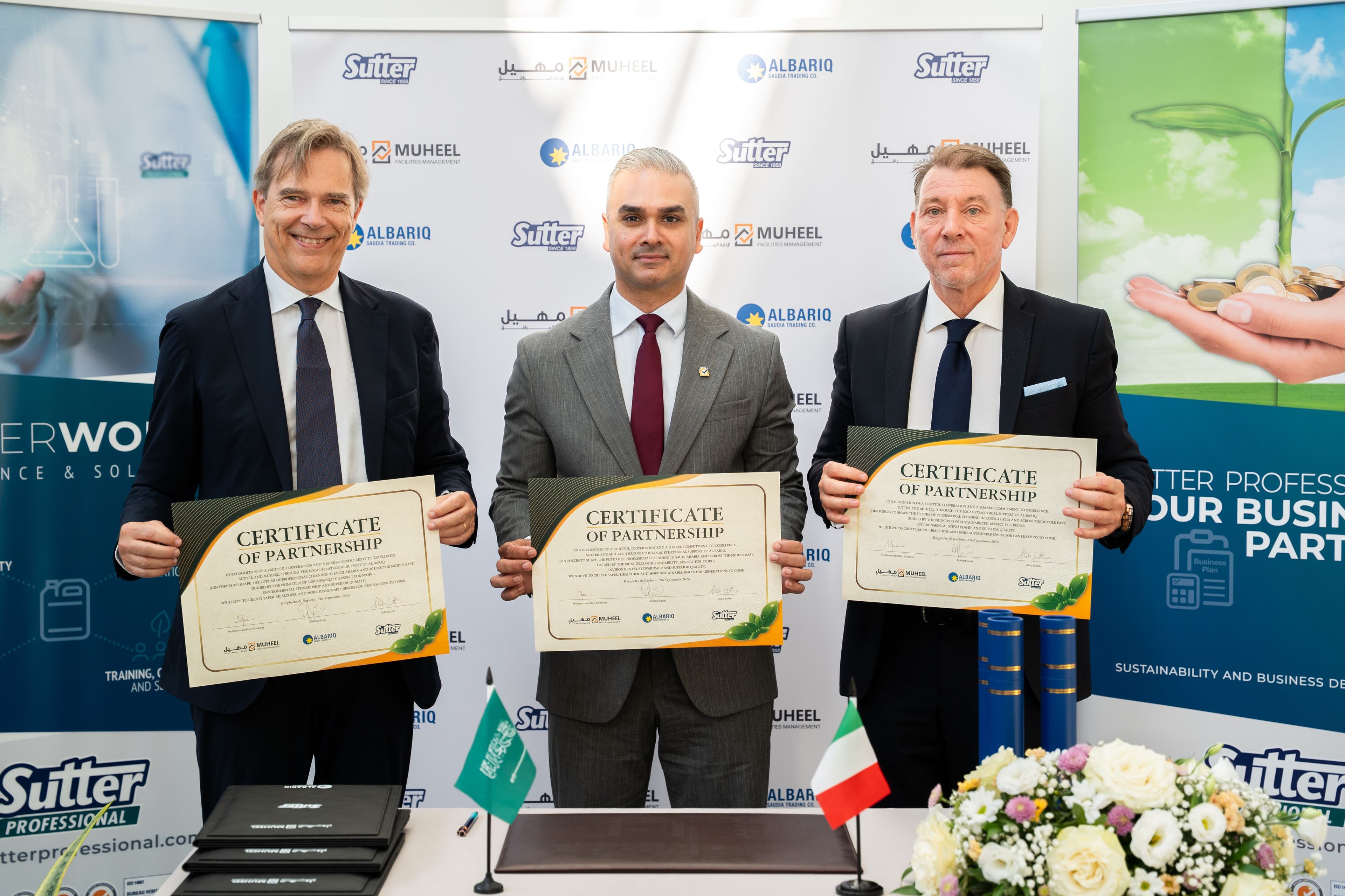 From left: Aldo Sutter, CEO of Sutter Group; Muhammad Irfan Khokhar, CEO of Muheel Facilities Management; and Roland Sossi, Vice President at Al Bariq Saudia Trading Company, following the signing of their strategic partnership.