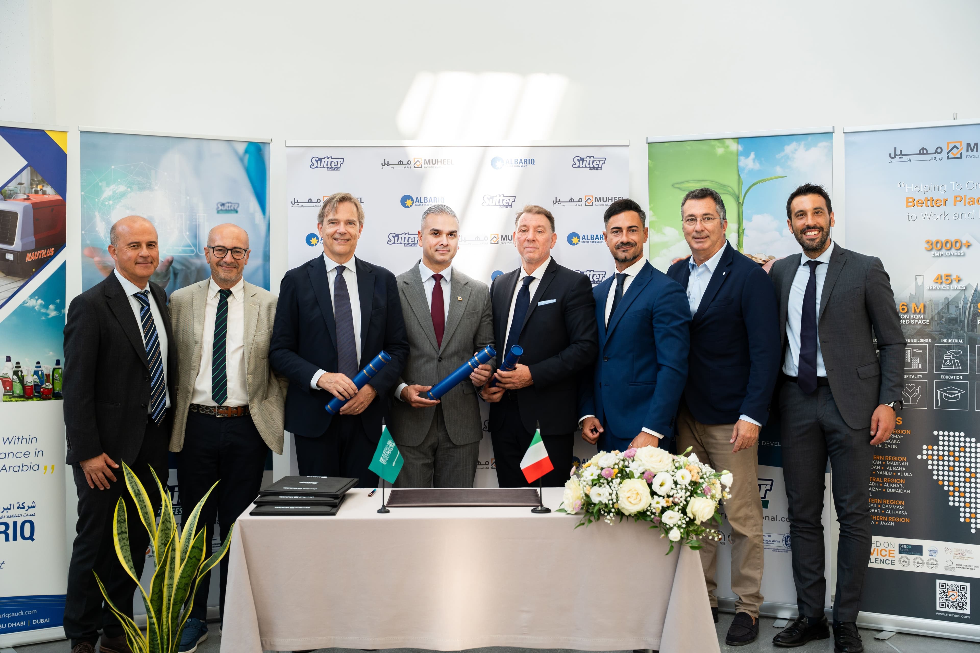 Representatives from Muheel Facilities Management, Sutter Group and Al Bariq Saudia Trading Company mark the signing of their strategic partnership in Italy, aimed at advancing sustainable professional cleaning and technical capability in Saudi Arabia.