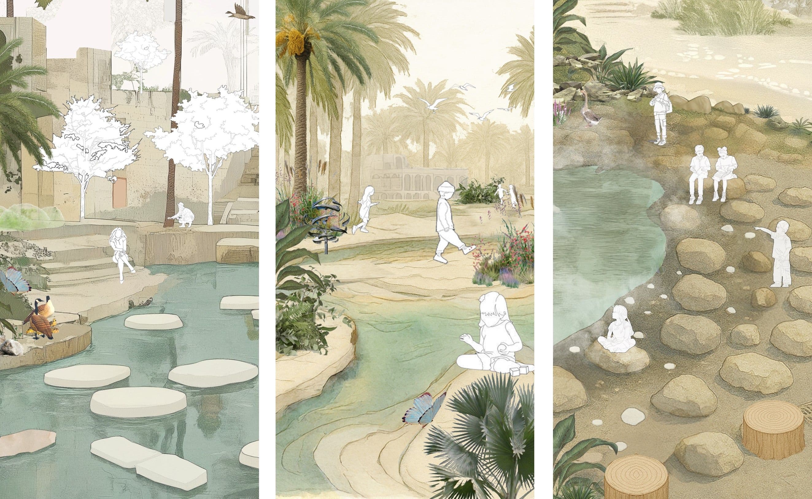 Water contributes to a carefully controlled microclimate, supported by shaded walkways and layered planting.