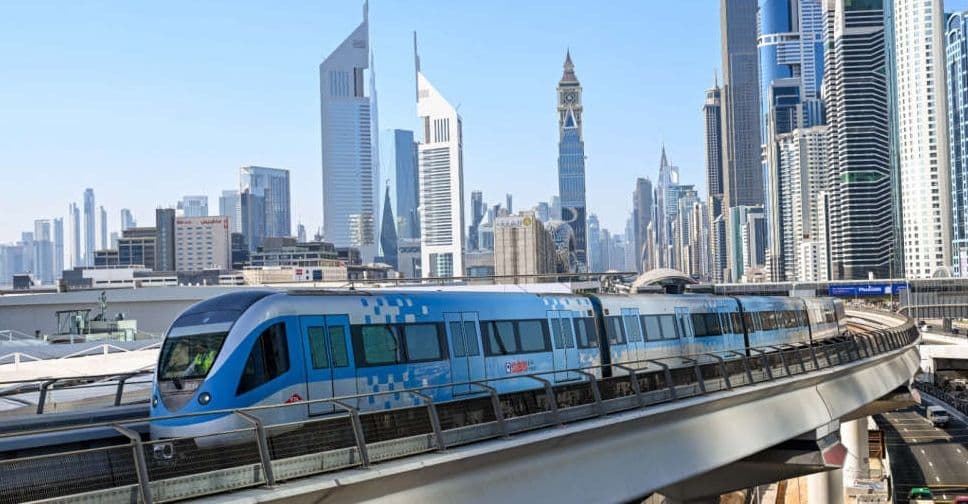 Dubai Metro operating along Sheikh Zayed Road, reflecting RTA’s wider achievements in transport infrastructure and mobility.