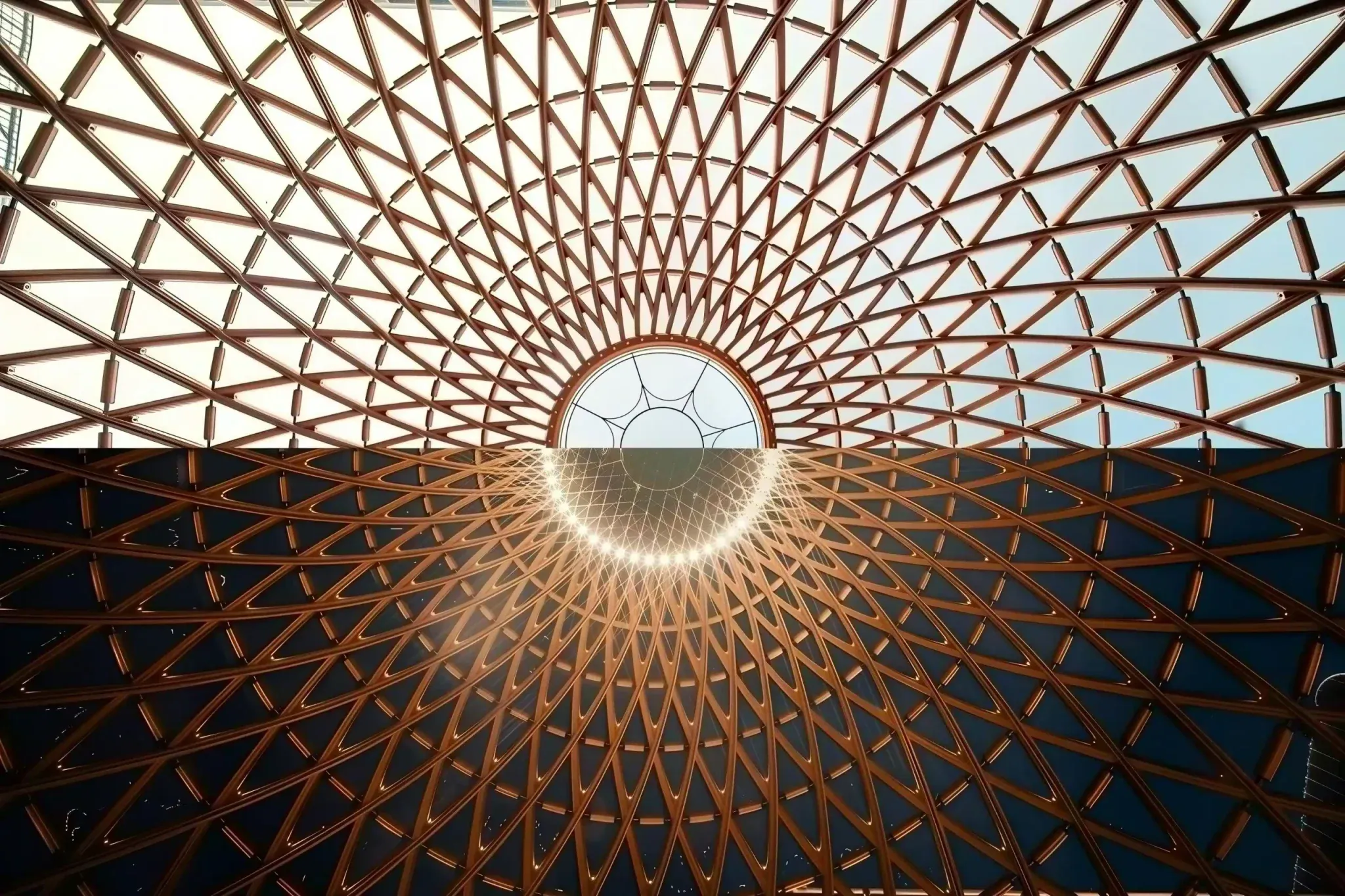 The Seed’s complex timber dome comprises 48 curved primary beams and 665 individually twisted secondary beams.