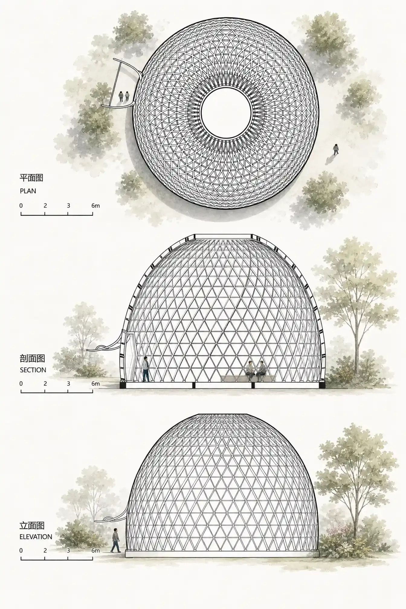 The pavilion’s offset dual-curved geometry shapes circulation routes around the central structure.