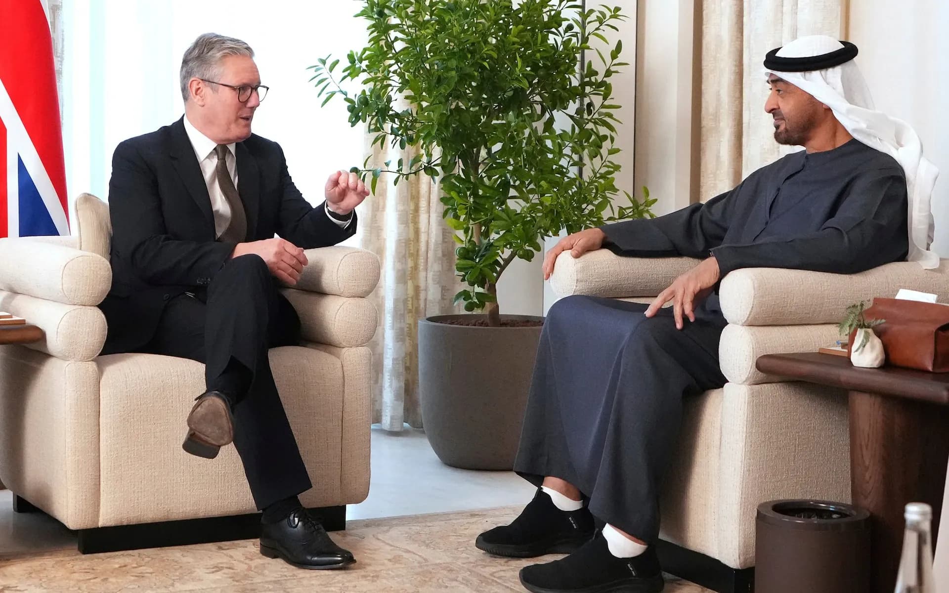 Sir Keir Starmer meets with Sheikh Mohamed bin Zayed Al Nahyan, the president of the UAE, at Shati Palace in Abu Dhabi Credit: Kirsty Wigglesworth/AP