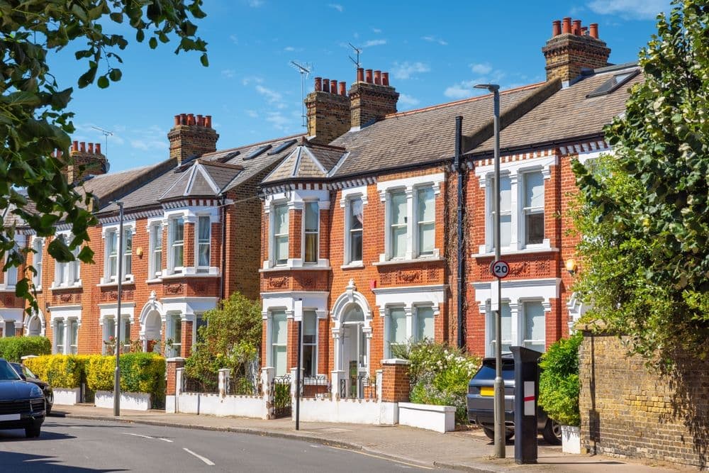 Traditional brick terraced houses in London. England