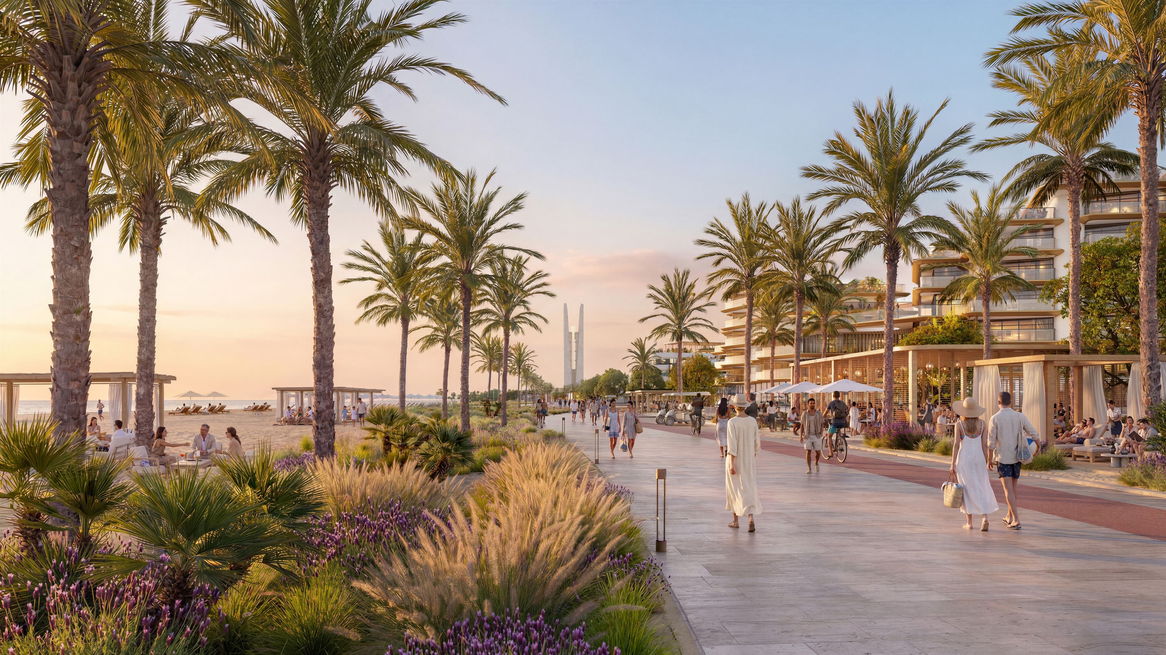 Palm-lined walkways, beachfront residences and outdoor dining spaces bring SOM’s vision for a walkable Mediterranean waterfront at Alam Al Roum to life.