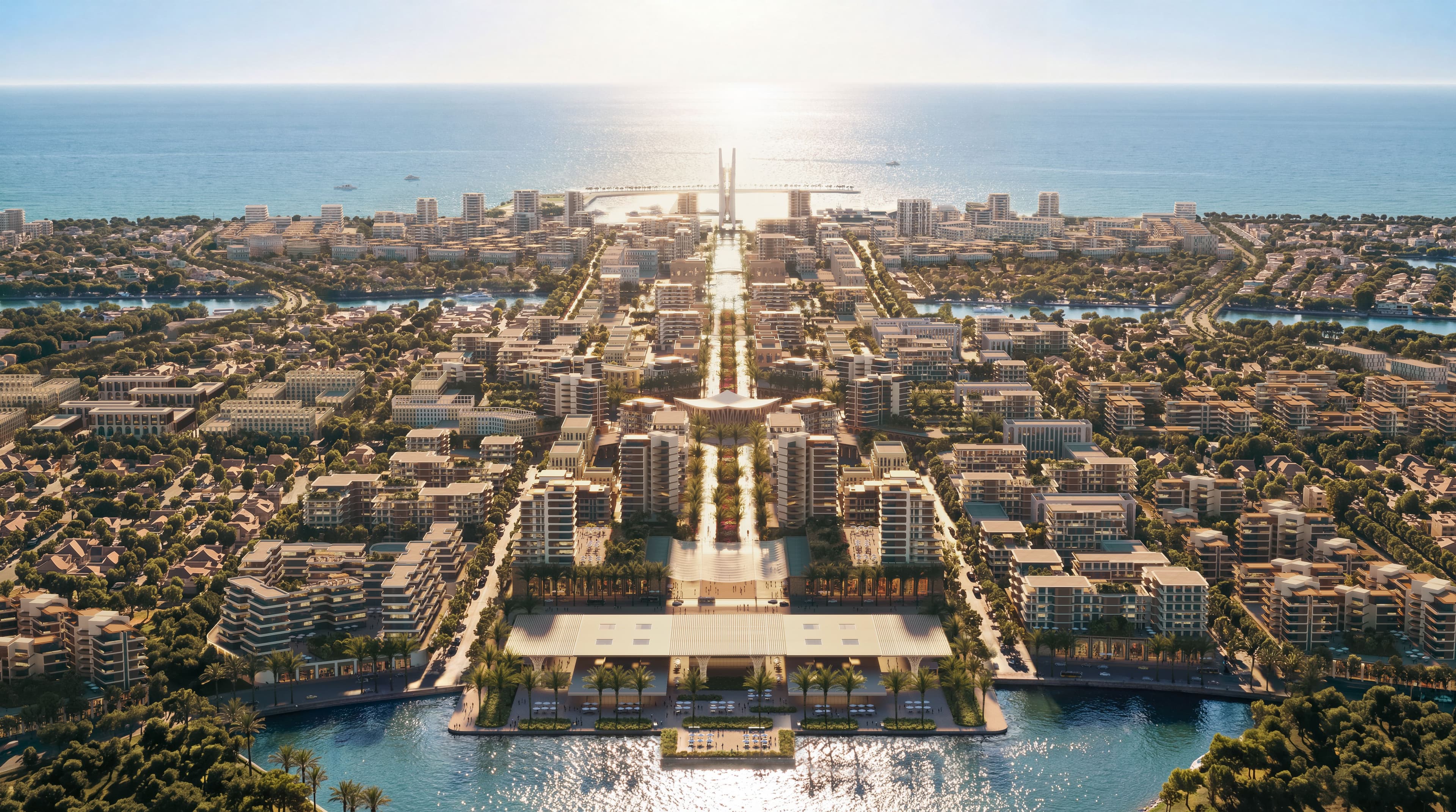 Alam Al Roum’s proposed urban centre extends towards the Mediterranean, with a grand boulevard connecting residential neighbourhoods, landscaped public spaces and waterfront destinations.
