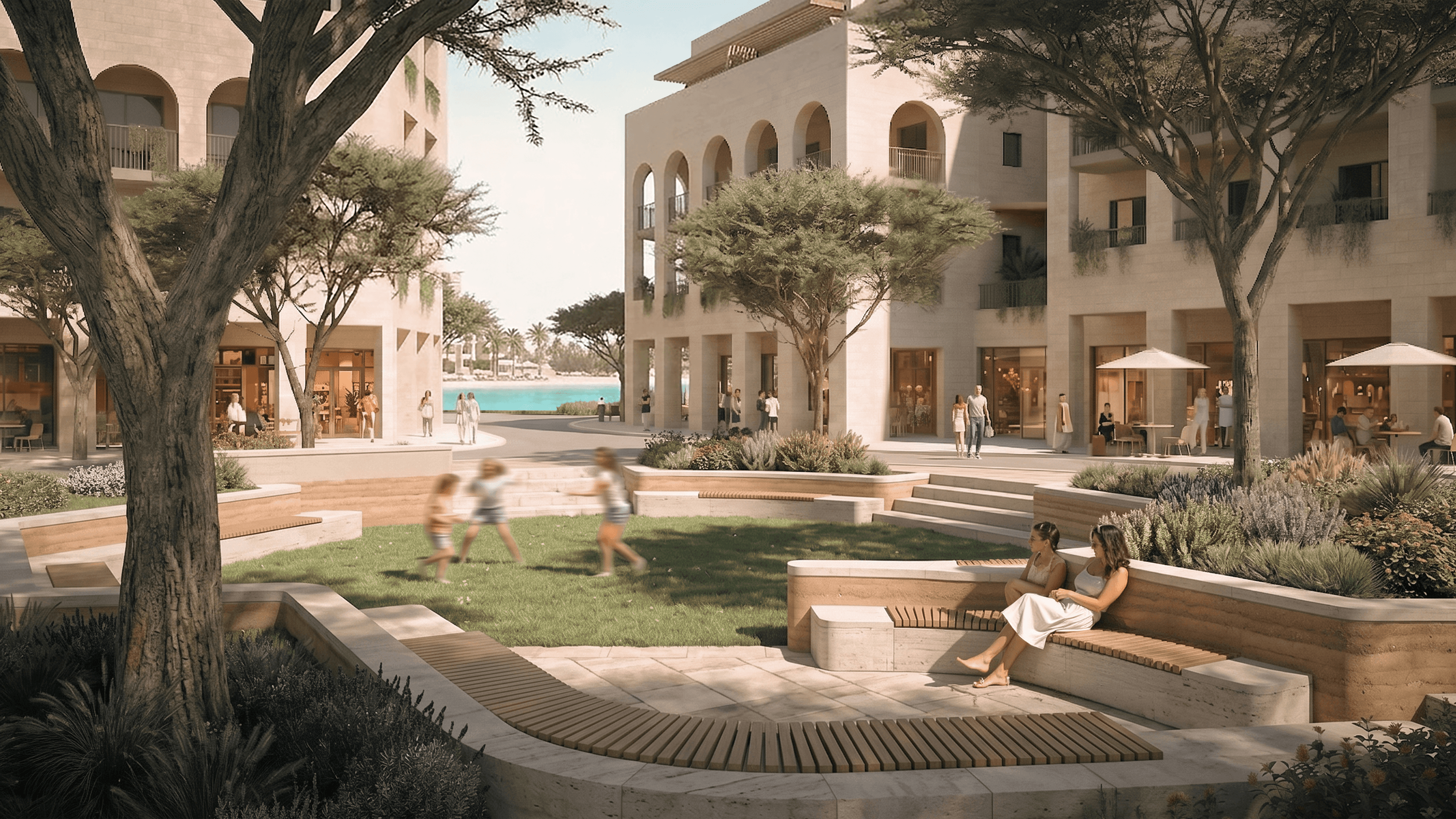 Shaded courtyards and landscaped pedestrian areas are designed to bring residents together within Alam Al Roum’s planned neighbourhoods.
