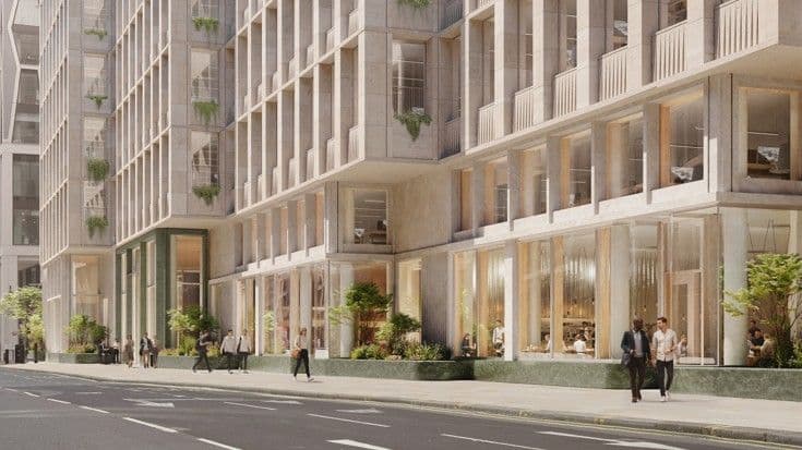 Street-level view of the planned 10–20 Victoria Street redevelopment in Westminster, featuring new office and ground-floor commercial space.