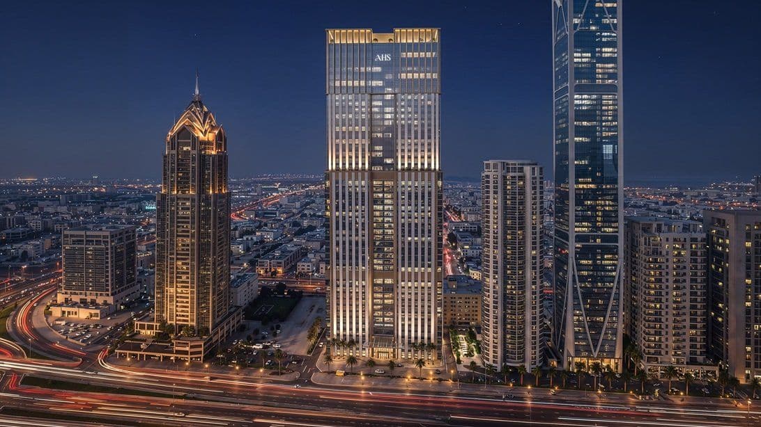 Night-time render of AHS Twin Towers on Sheikh Zayed Road in Dubai, the Grade A commercial development planned by AHS Properties