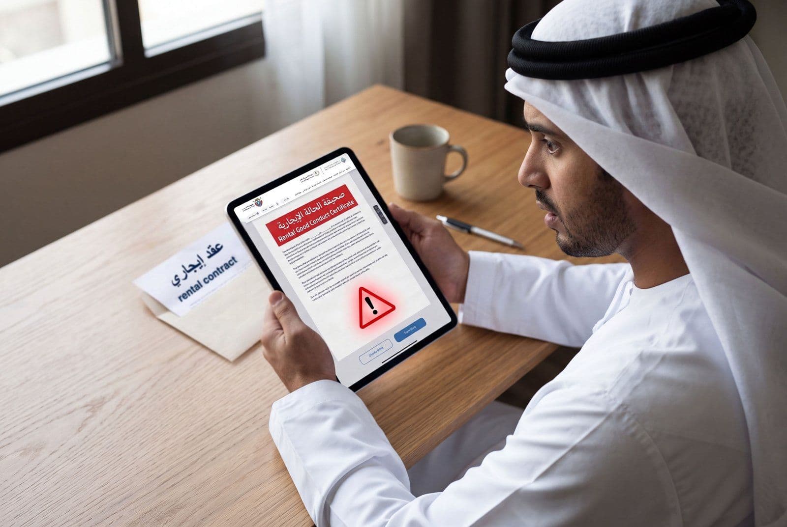 A man in a kandura viewing the Rental Good Conduct Certificate on a tablet beside a rental contract
