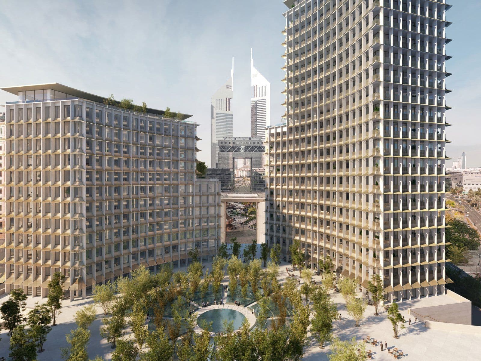 Rendering of Four Seasons Private Residences Dubai at DIFC, designed by David Chipperfield, with its pedestrian gardens and the Emirates Towers behind