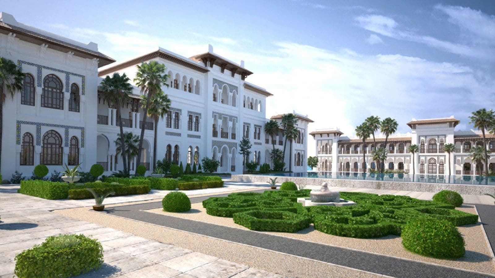 Rendering of the gardens and palace buildings of Four Seasons Hotel Rabat at Kasr Al Bahr, the venue for the Africa Architecture Forum 2026 in Morocco