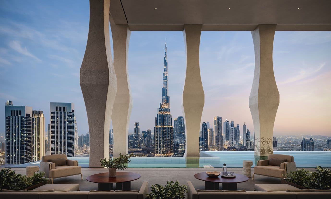 The limited collection of 57 branded residences at Janu Dubai features high ceilings, expansive terraces, and panoramic views spanning Burj Khalifa, Zabeel Palace, and the DIFC skyline.