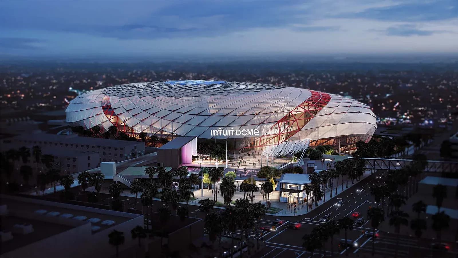 Translucent PTFE and ETFE membrane façade panels on the Intuit Dome exterior