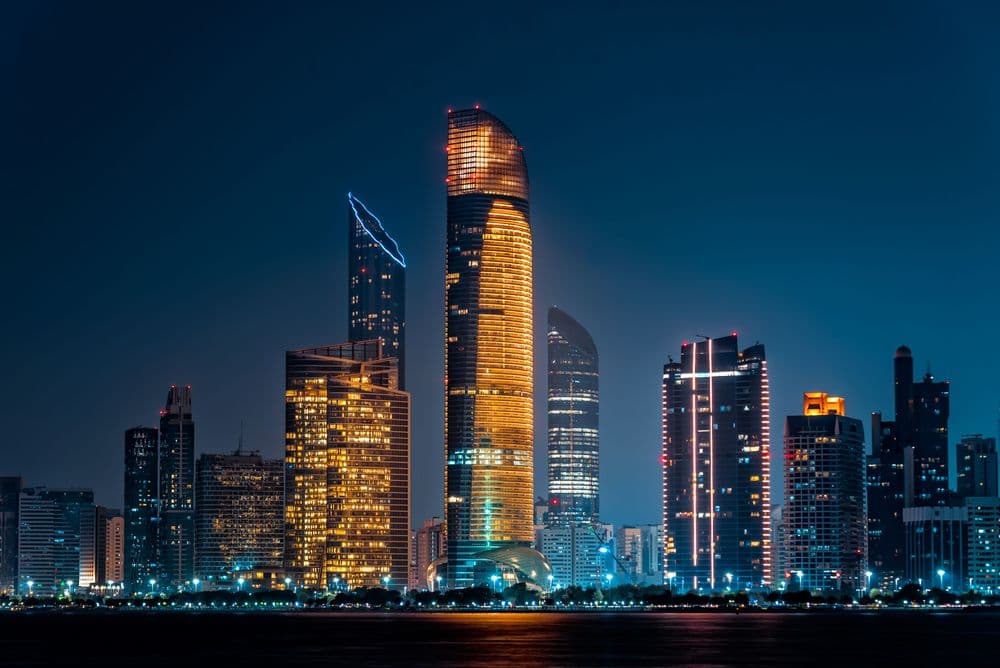 City night view of Abu Dhabi business financial district.