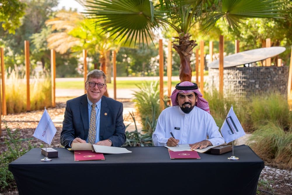 Dr. Tod A. Laursen, Chancellor of AUS and Raed Kajoor Al Nuaimi, CEO of Alef Group at the scholarship agreement signing ceremony.