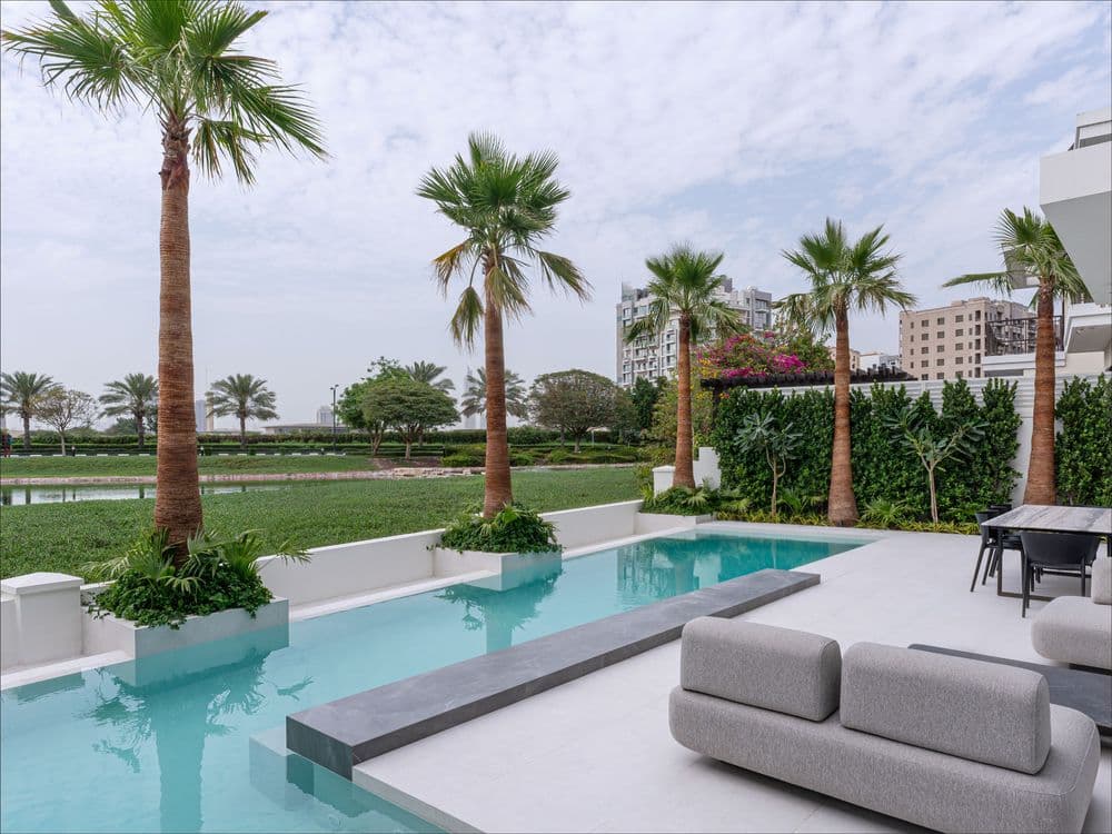 Luxury landscaped garden and swimming pool designed by Better Gardens for a UAE residential property.