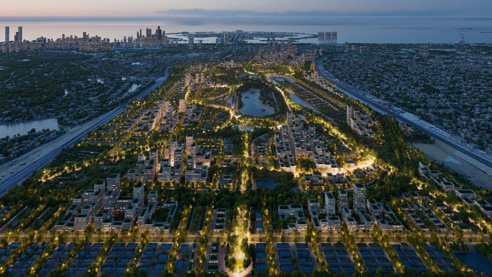 Night aerial render of the masterplan around JARC - Dubai, United Arab Emirates